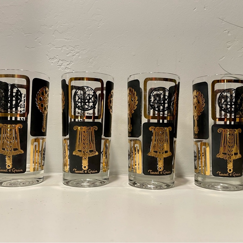 Mid-Century Black & Gold Cocktail Tumblers With Trivets- Set of 4